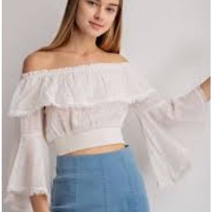 Le Lis SZ Large Cropped Off the Shoulder Gauzy Long Bell Sleeve Top